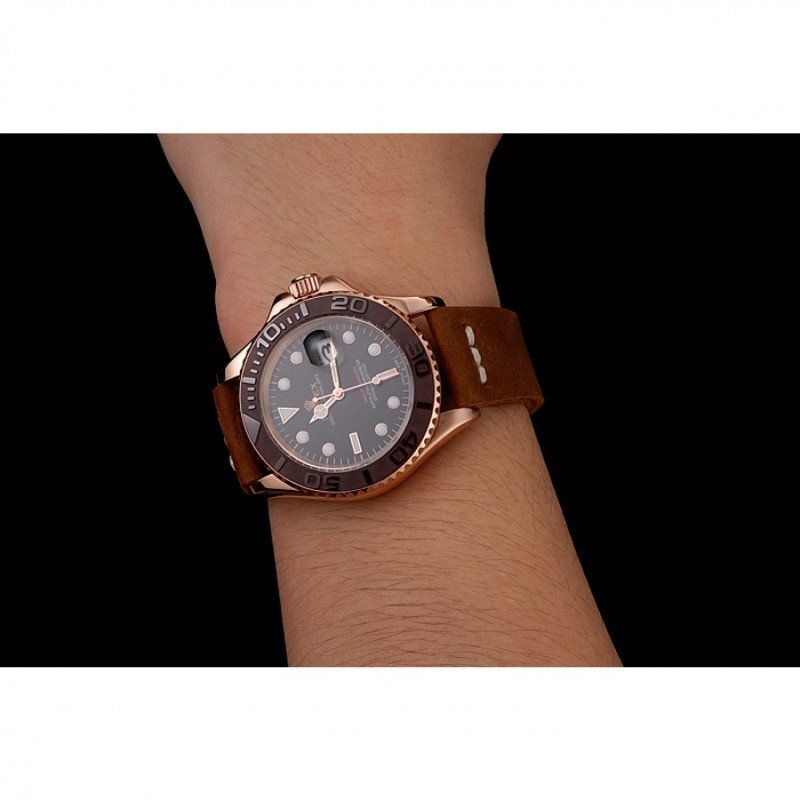 Rolex Yacht-Master Black Dial Brown Bezel Rose Gold Case Brown Leather Bracelet 1453860